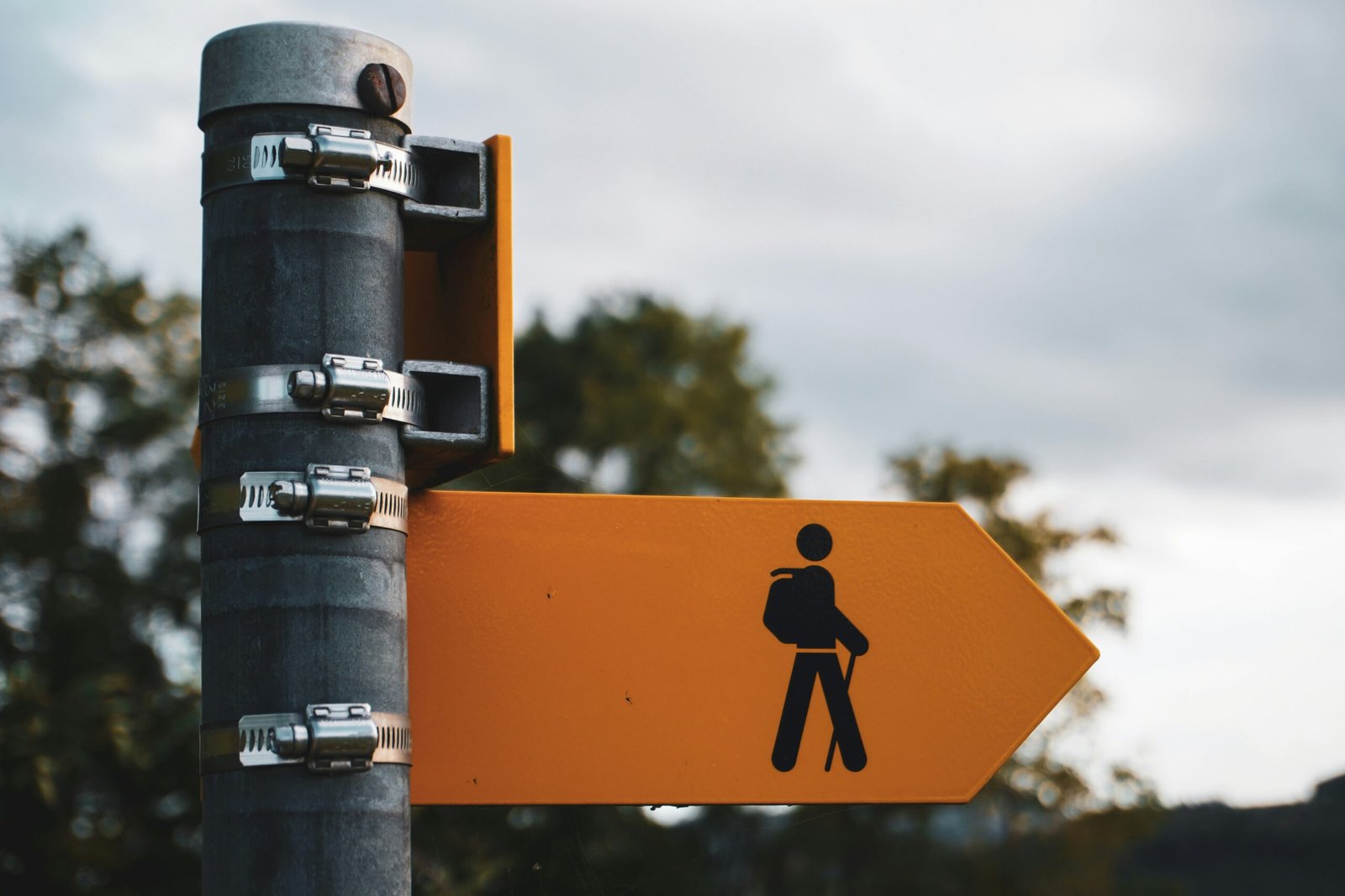 A black and orange sign showing where to start hiking. Photo by Khyta on Unsplash