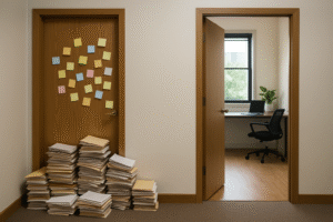 Chaos in one office A photo of an office with two doors: one covered in sticky notes and blocked by papers, and the other clean and organized.