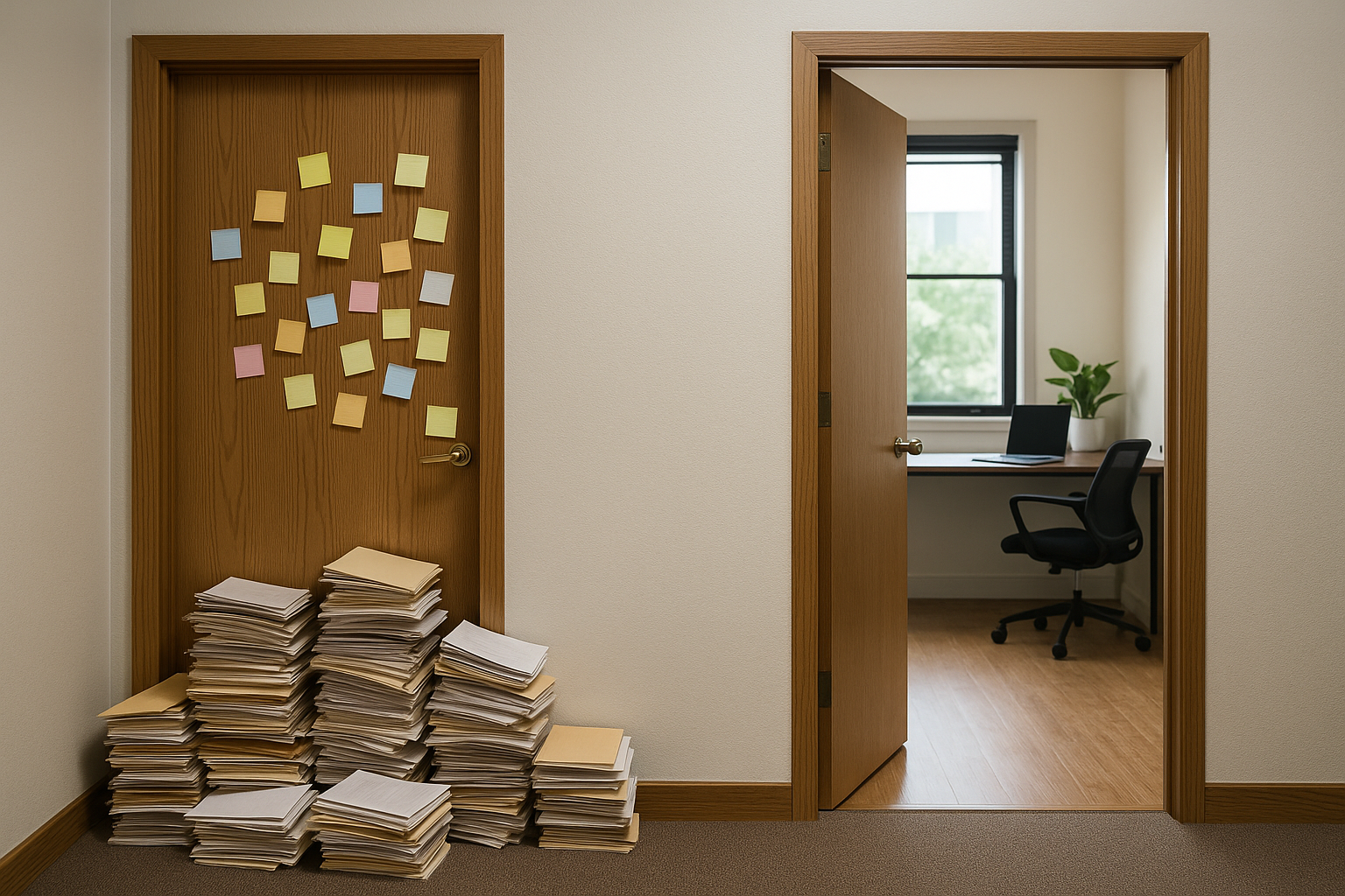A photo of an office with two doors: one covered in sticky notes and blocked by papers, and the other clean and organized.