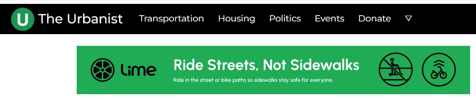 A screenshot of The Urbanist website with an ad from Lime that says "Ride streets, not sidewalks".
