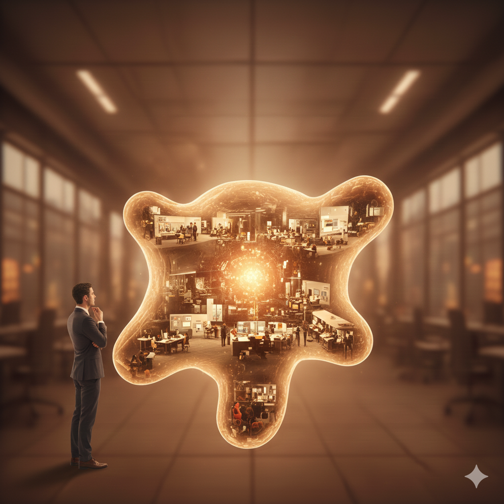 A company represented as a cell floating in an office, with a CFO staring inward.