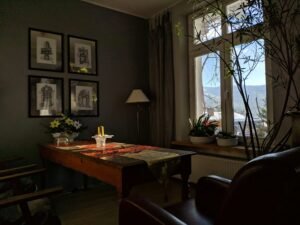 A room with a table, chairs, and pictures on the wall, facing a window looking out over a wintry scene. Photo credit Jan Fedorowicz on Unsplash.