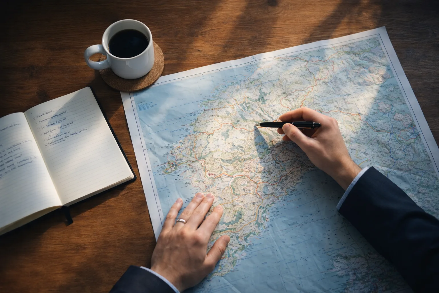Looking at a map and a plan