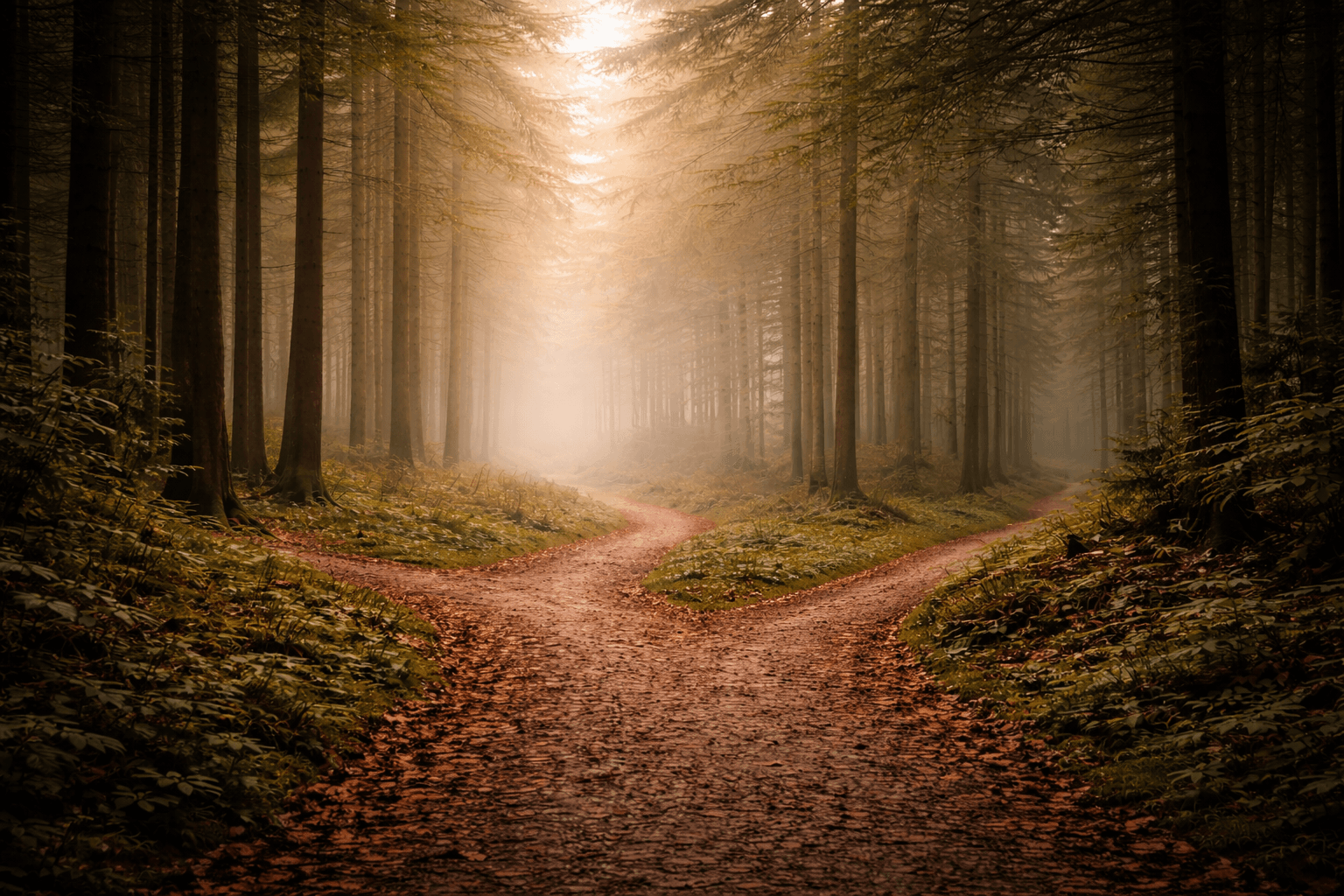 A misty forest path forks between trees
