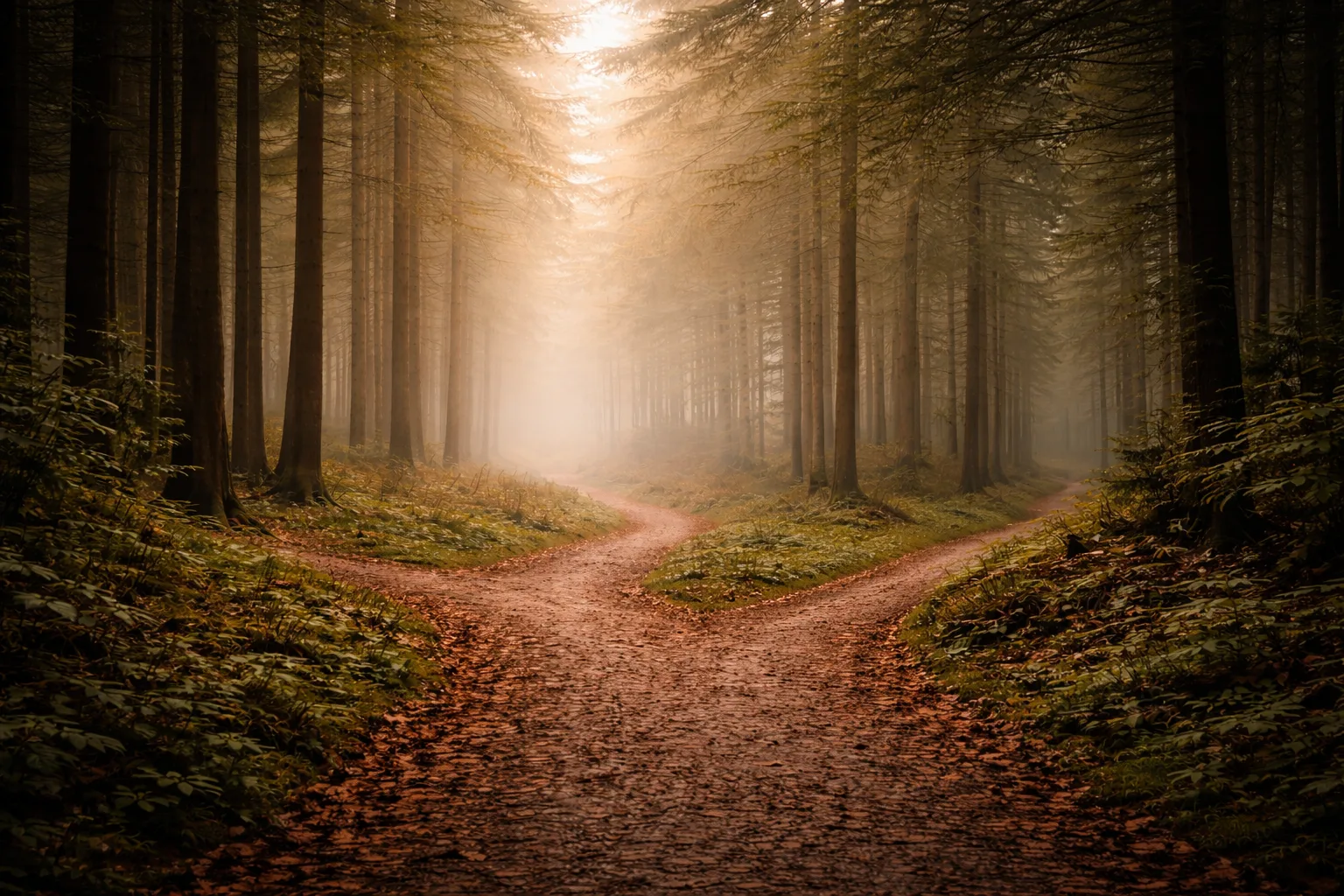 A misty forest path forks between trees
