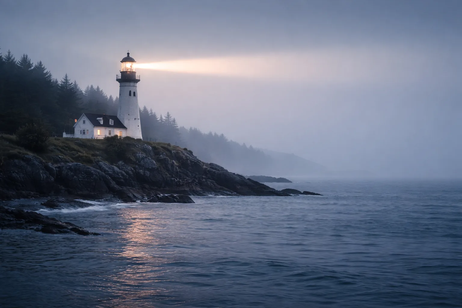 A lighthouse at dusk by the sea