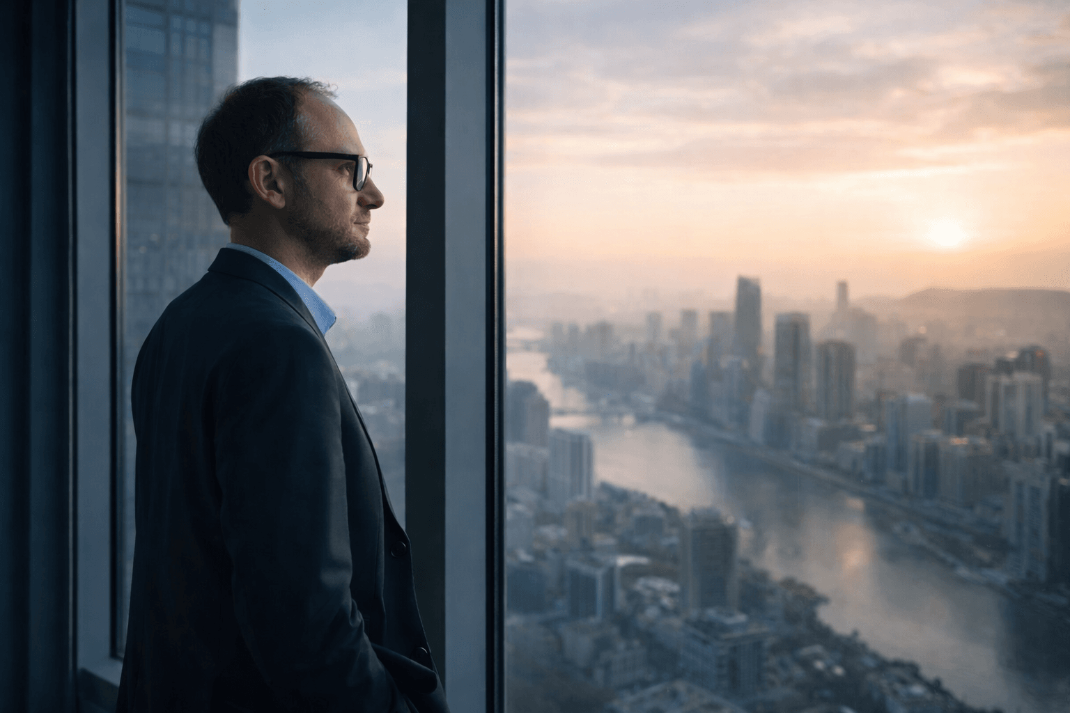 A man looks out at a city at sunrise